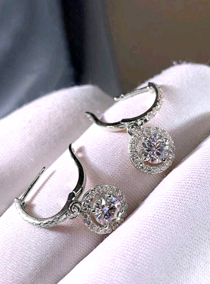 Silver Halo Drop Hoop Earrings Round Cubic Zirconia CZ Leverback Dangle Gift UK
