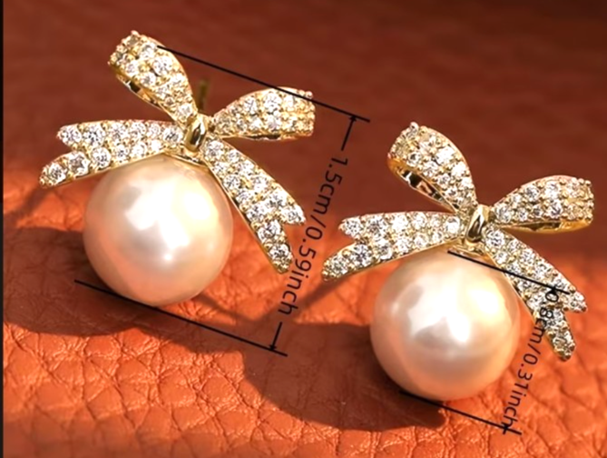 ​Gold Ribbon Bow Stud Earrings Pearl Drop Cubic Zirconia Dainty Coquette Gift