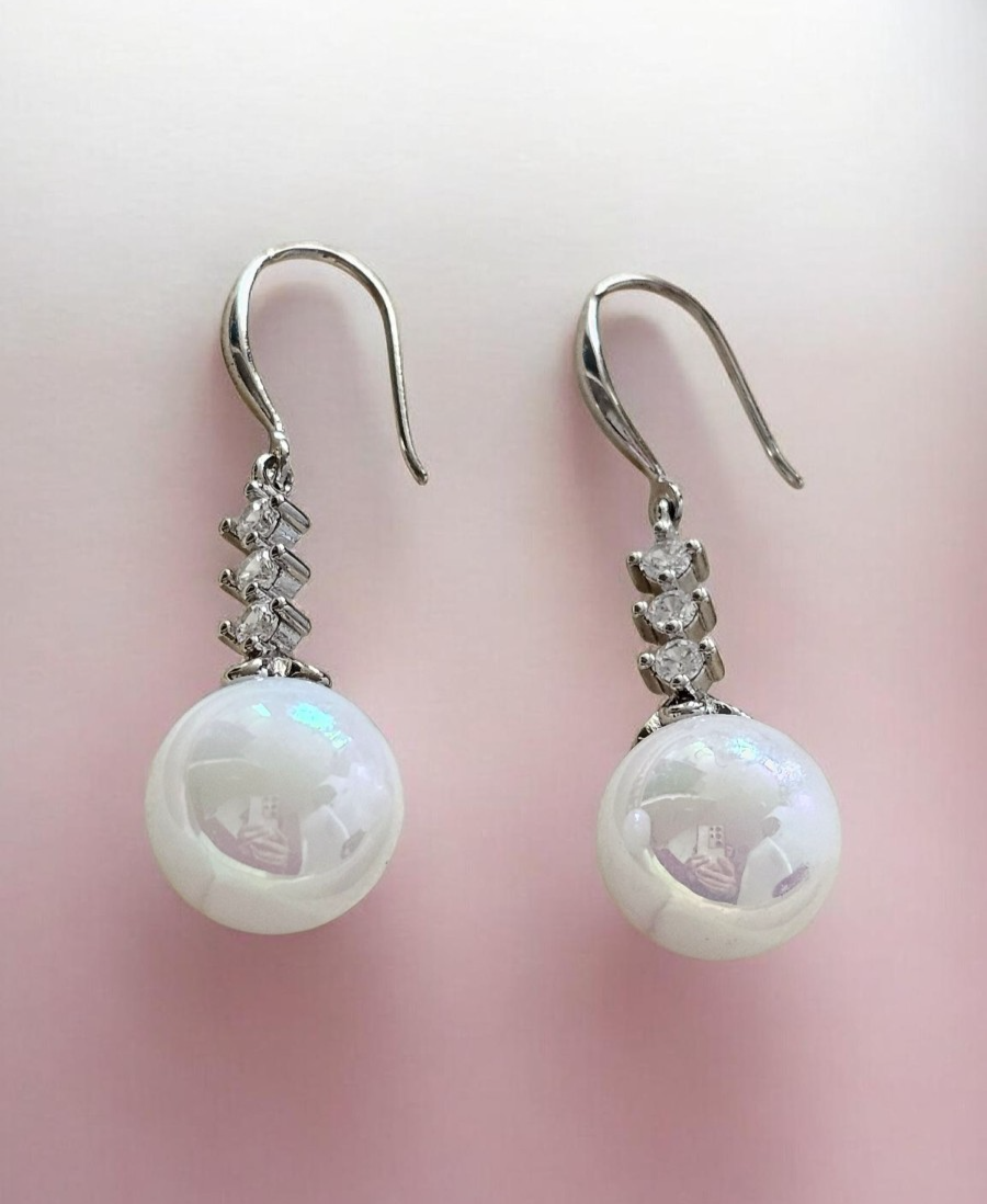 Silver Crystal White Pearl Drop Earrings Dangle Bridal Wedding Elegant Jewelry