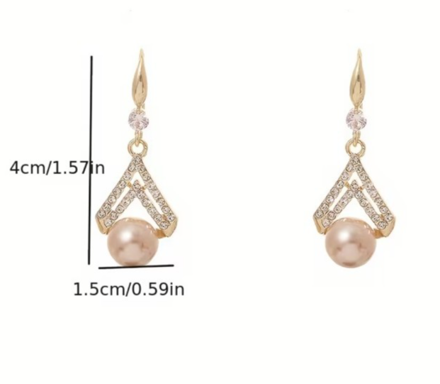 Gold Champagne Pearl Drop Earrings Crystal Geometric Dangle Bridal Banquet Gift