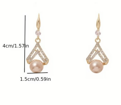 Gold Champagne Pearl Drop Earrings Crystal Geometric Dangle Bridal Banquet Gift