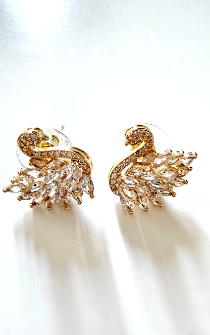 Gold Tone Swan Crystal Stud Earrings Elegant Sparkly Statement Bridal Gift