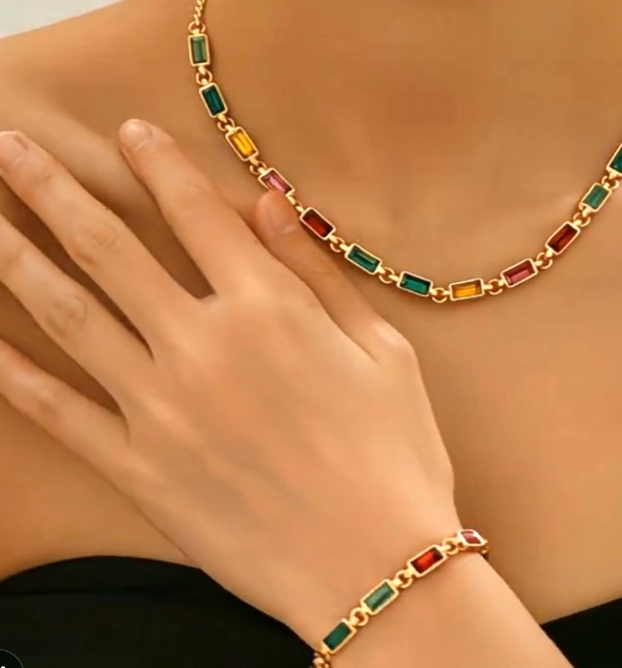 2Pcs Geometric Square Necklace Bracelet Set Colorful Rhinestone Summer Jewelry