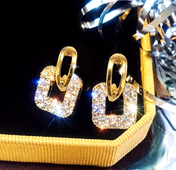 ​Gold Square Stud Earrings Sparkling Rhinestone Geometric Drop Retro Jewelry