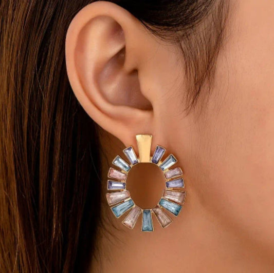 GoldTone Sunburst Circle Earrings Pastel Baguette Crystal Statement Boho Vintage