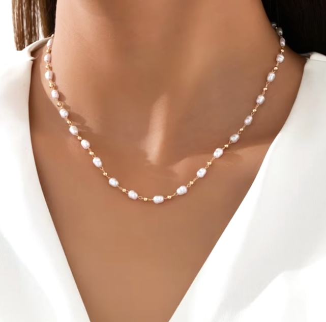 Dainty Pearl & Gold Bead Chain Choker Necklace Women Minimalist Clavicle Layerin