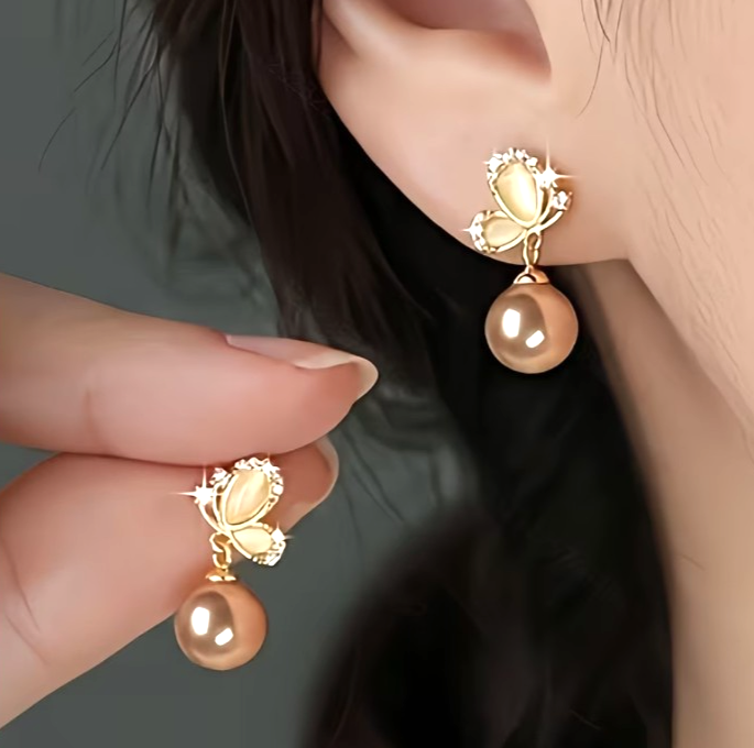 Gold Champagne Pearl Earrings Cute Sparkling Crystal Butterfly Drop Dangle Gift