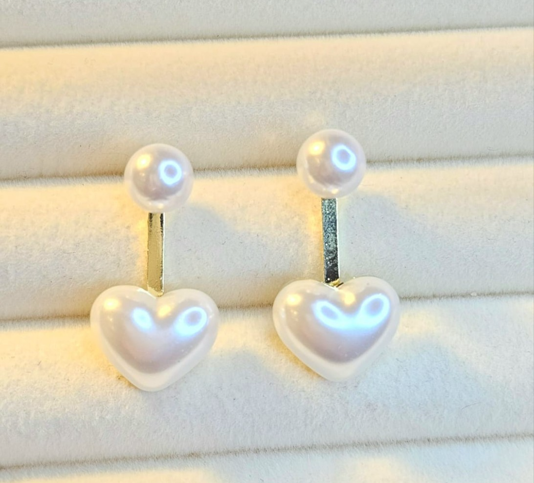 2-in-1 Faux Pearl Heart Ear Jacket Stud Earrings Gold Tone Retro Classic Gift