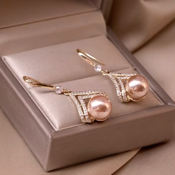 Gold Champagne Pearl Drop Earrings Crystal Geometric Dangle Bridal Banquet Gift
