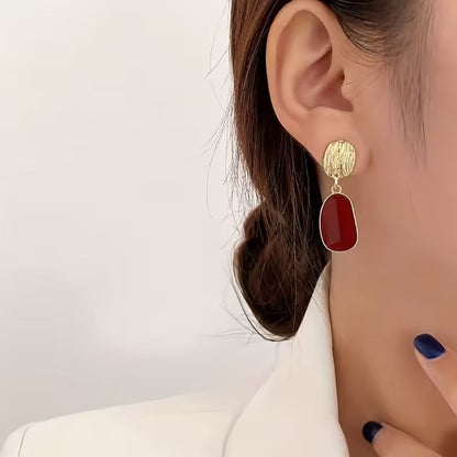 Gold Tone and Red Enamel Drop Earrings – Textured Statement Dangle Jewellery