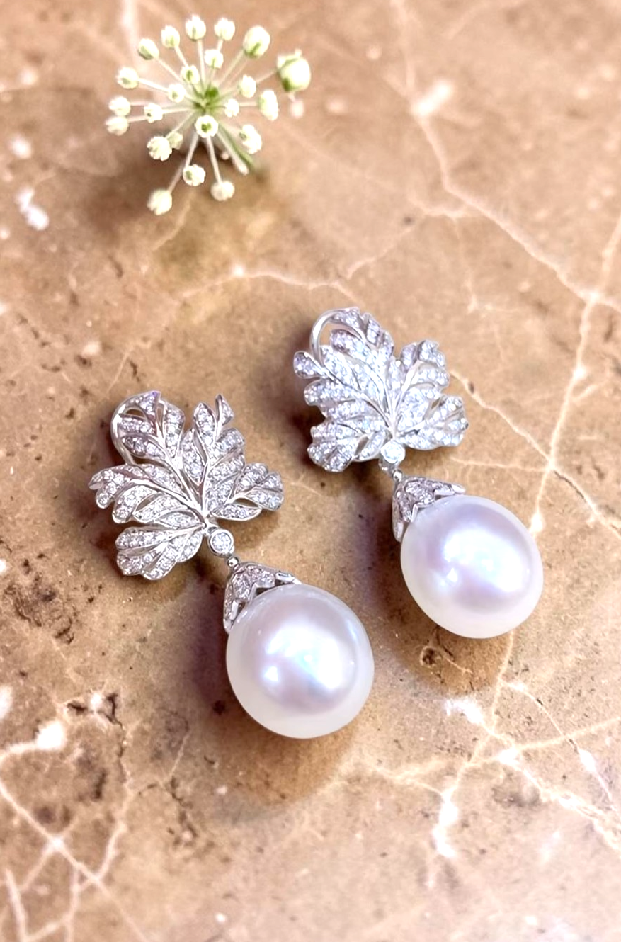 Fan Leaf Drop Earrings Imitation Pearl CZ Micro Pave Silver Tone Women Gift Brid