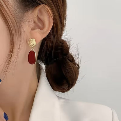 Gold Tone and Red Enamel Drop Earrings – Textured Statement Dangle Jewellery