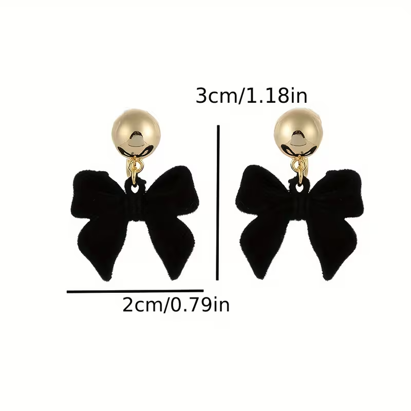 Black Velvet Bow Drop Earrings Gold Tone Statement Fashion Jewellery