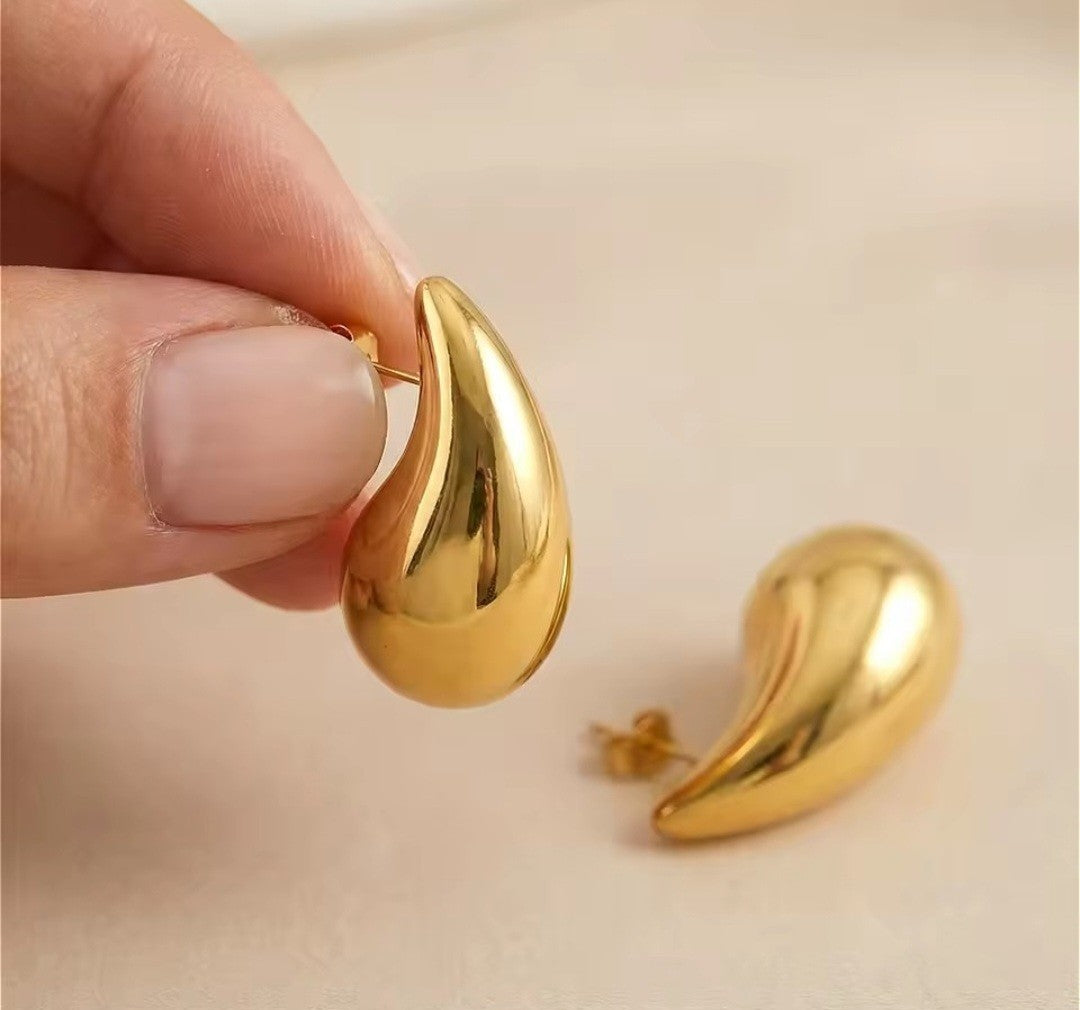 ​18K Gold Plated Stainless Steel Teardrop Earrings Chunky Vintage Stud 27 mm