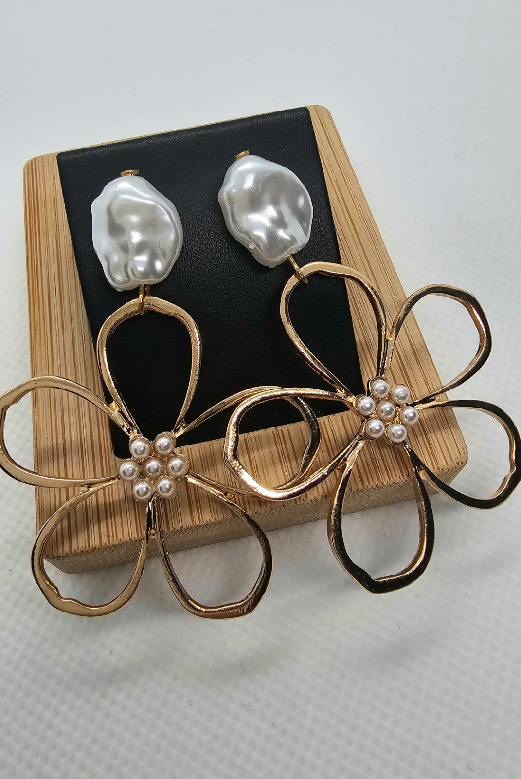 Gold Flower Pearl Drop Earrings | Statement Floral Earrings | Elegant Wedding