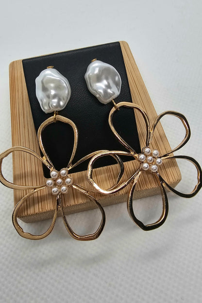 Gold Flower Pearl Drop Earrings | Statement Floral Earrings | Elegant Wedding