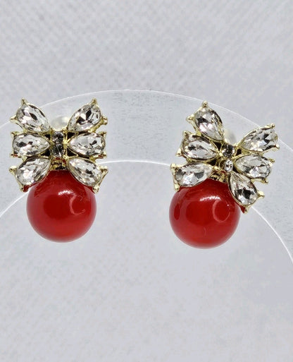 Gold Red Pearl Bow Drop Earrings Crystal Marquise Rhinestone Ribbon Studs Gift