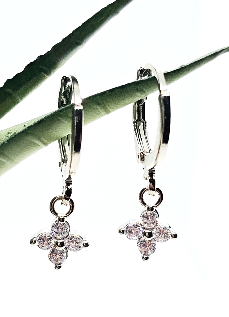 Silver Tone Flower Drop Hoop Earrings Crystal Dangle Floral Earrings Minimalist