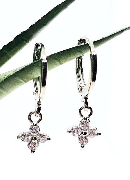 Silver Tone Flower Drop Hoop Earrings Crystal Dangle Floral Earrings Minimalist