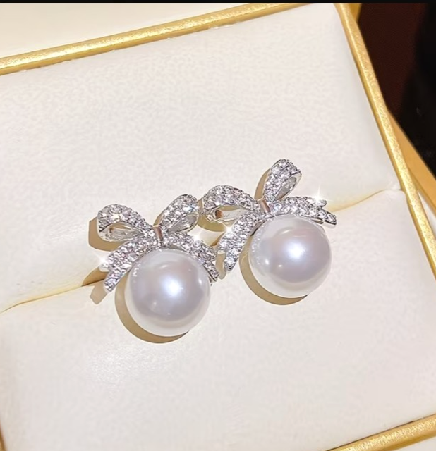 Silver Bow Pearl Earrings Rhinestone Crystal Ribbon Studs Wedding Bridal Gift