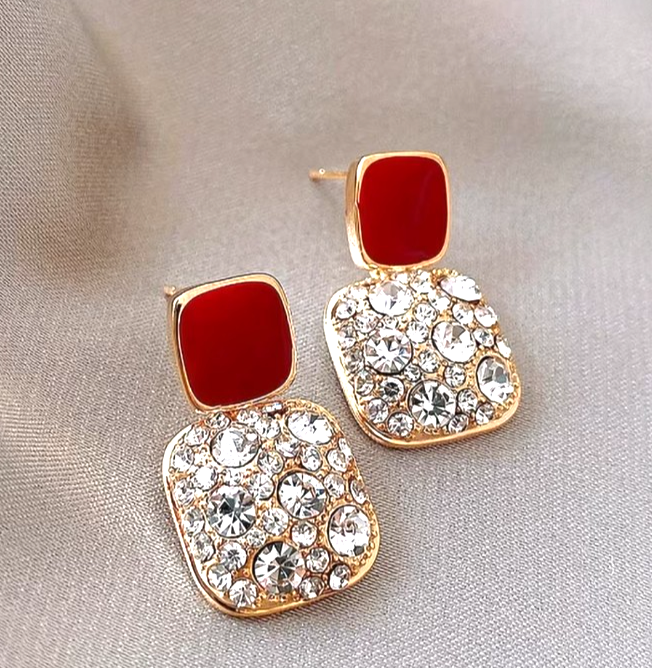 ​Gold Square Drop Earrings White Enamel Rhinestone Geometric Vintage Dangle Gift