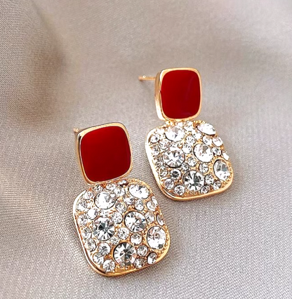 ​Gold Square Drop Earrings White Enamel Rhinestone Geometric Vintage Dangle Gift