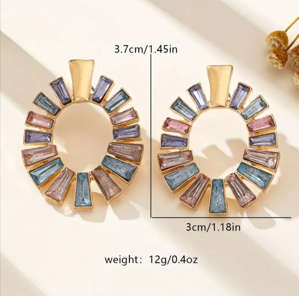 GoldTone Sunburst Circle Earrings Pastel Baguette Crystal Statement Boho Vintage