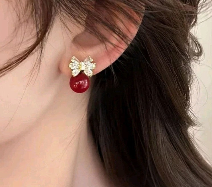 Gold Red Pearl Bow Drop Earrings Crystal Marquise Rhinestone Ribbon Studs Gift