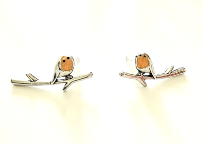 ​Silver Robin Bird Stud Earrings Redbreast Climber Ear Crawlers Cute Wildlife