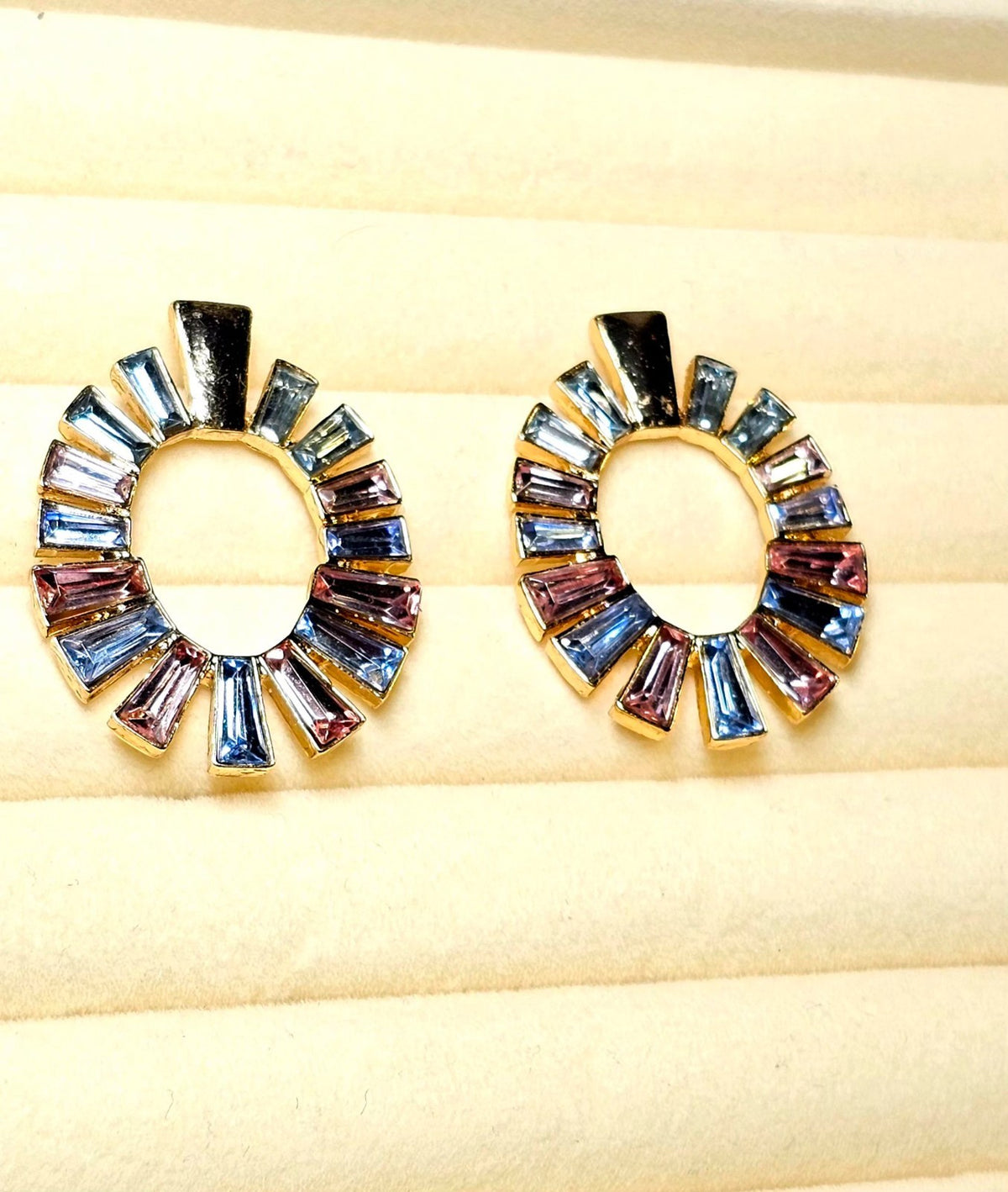 GoldTone Sunburst Circle Earrings Pastel Baguette Crystal Statement Boho Vintage