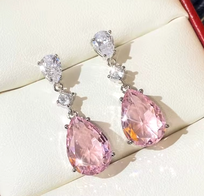Pink Tear Drop Earrings Silver Crystal Dangle Pear Cut Bridal Wedding Prom Gift