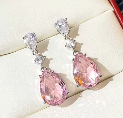 Pink Tear Drop Earrings Silver Crystal Dangle Pear Cut Bridal Wedding Prom Gift