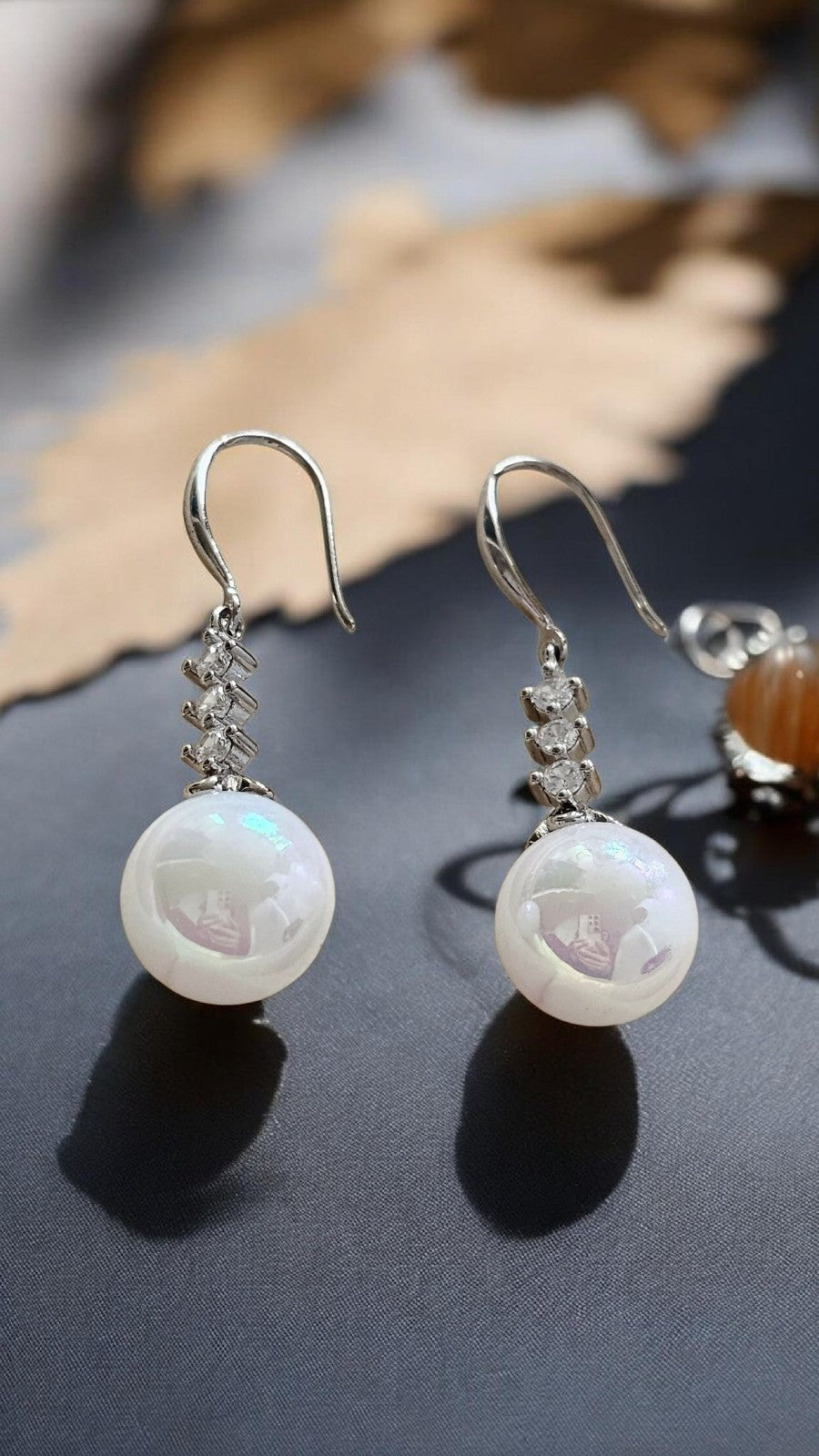 Silver Crystal White Pearl Drop Earrings Dangle Bridal Wedding Elegant Jewelry