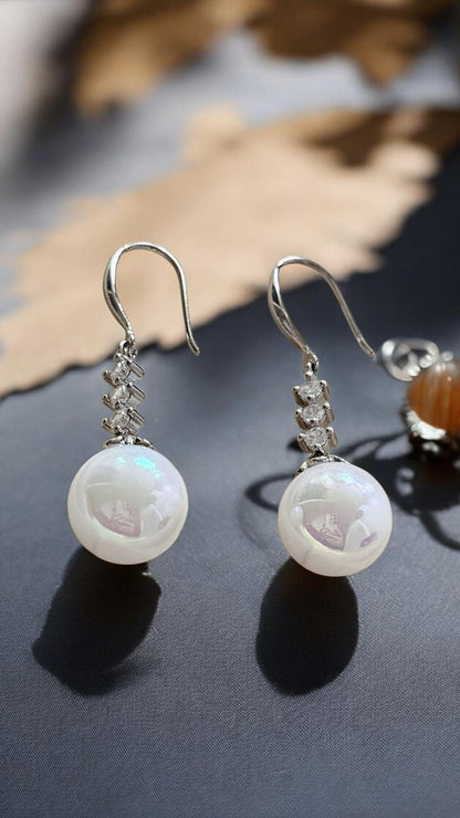 Silver Crystal White Pearl Drop Earrings Dangle Bridal Wedding Elegant Jewelry