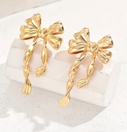 ​Gold Bow Stud Earrings Stainless Steel Tarnish Resistant Ribbon Drop Gift 3cm