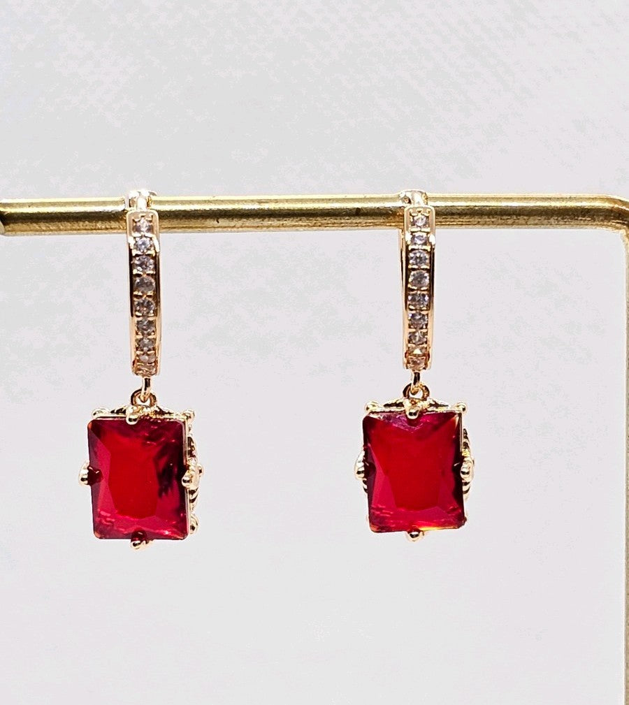 Gold Red Rectangle Hoop Earrings CZ Pavé Huggie Cushion Drop Dangle UK