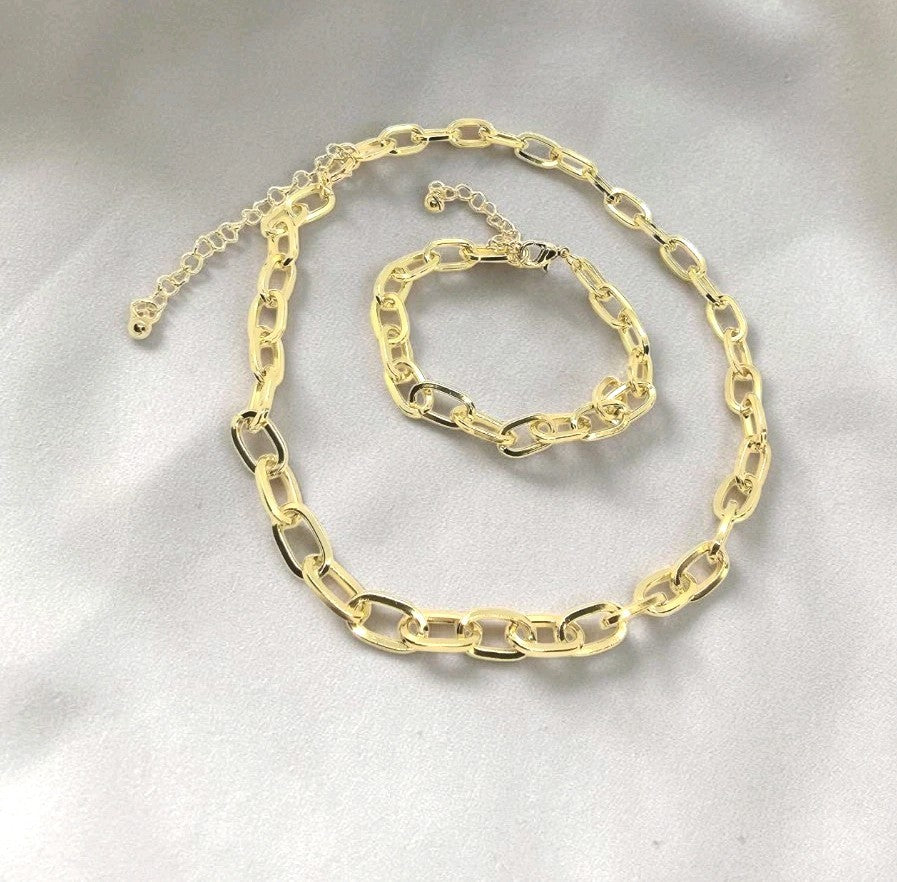​Gold Chunky Chain Necklace Bracelet Set Oval Link Choker Matching Jewelry Gift