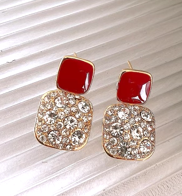 ​Gold Square Drop Earrings White Enamel Rhinestone Geometric Vintage Dangle Gift