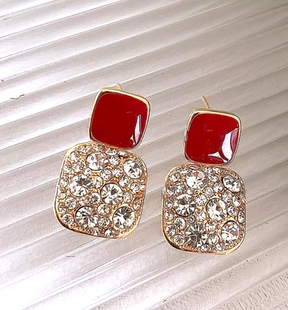 ​Gold Square Drop Earrings White Enamel Rhinestone Geometric Vintage Dangle Gift