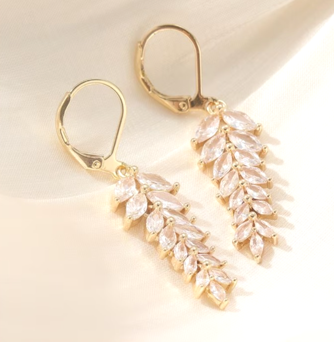 Gold Leaf Dangle Earrings Cubic Zirconia Marquise Drop Bridal Wedding Jewelry