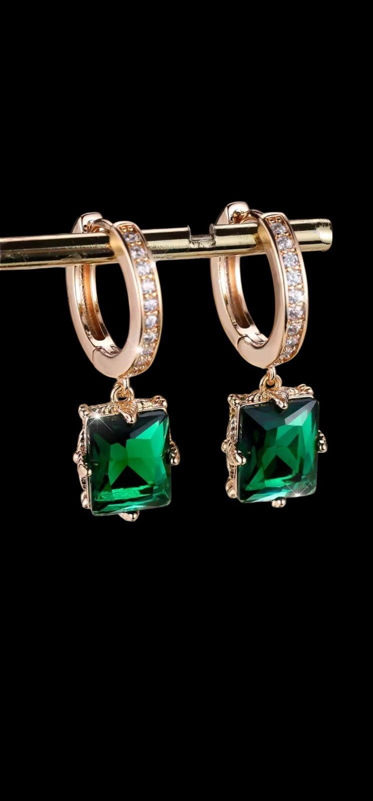 Gold Emerald Green Square Hoop Earrings CZ Pavé Huggie Cushion Drop Dangle UK