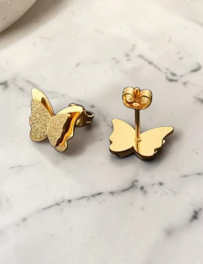 Gold Plated Stainless Steel Butterfly Stud Earrings Layered Frosted Glitter UK