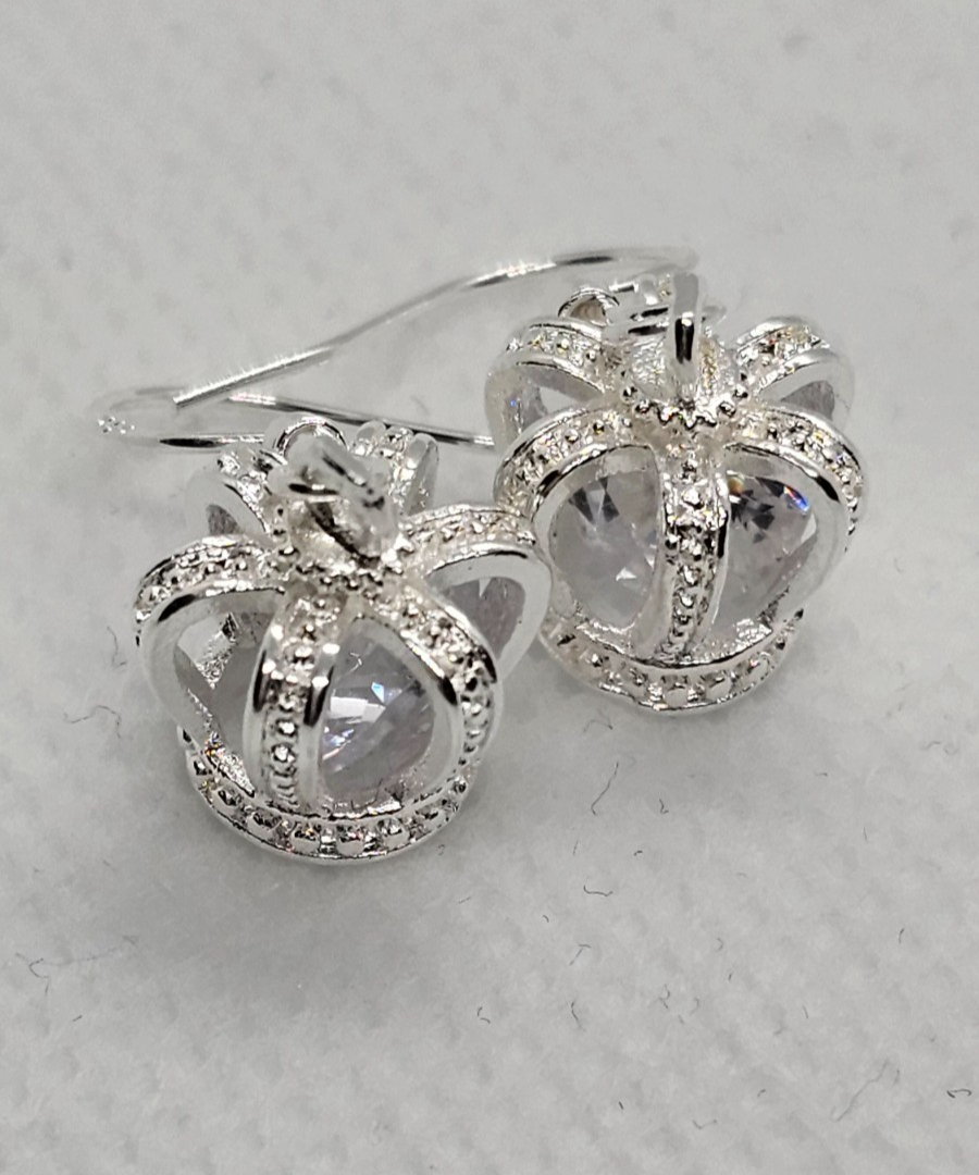 Silver Crown Drop Earrings • Sparkly Gemstone • Princess Style • Gift for Her
