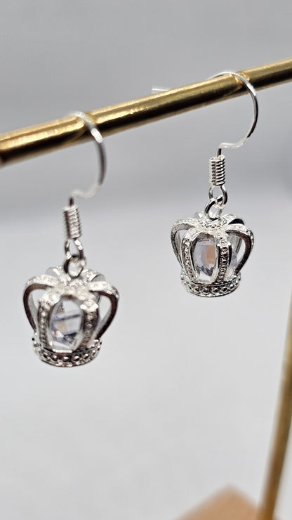 Silver Crown Drop Earrings • Sparkly Gemstone • Princess Style • Gift for Her