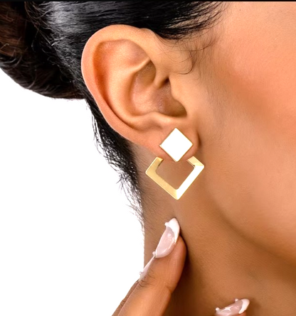 Golden Geometric Earrings Double Layer Square Rhombus Drop Minimalist Studs 3cm