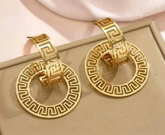 ​Gold Greek Key Earrings Geometric Circular Hoop Drop Dangle Cutout Statement