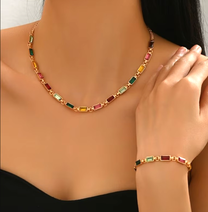 2Pcs Geometric Square Necklace Bracelet Set Colorful Rhinestone Summer Jewelry