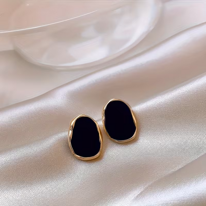 Black Oval Stud Earrings Gold Tone Vintage Geometric Statement Jewellery