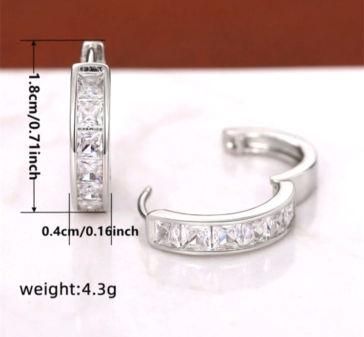 Silver CZ Huggie Hoop Earrings Princess Cut Cubic Zirconia Channel Set Hoops 1.8