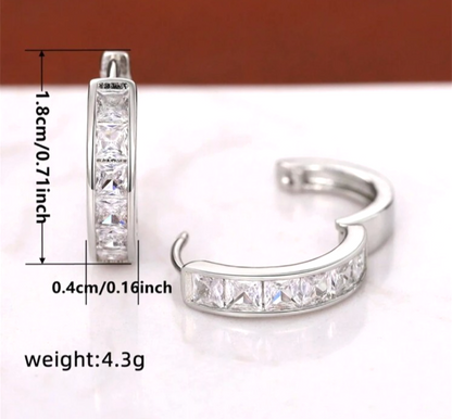 Silver CZ Huggie Hoop Earrings Princess Cut Cubic Zirconia Channel Set Hoops 1.8